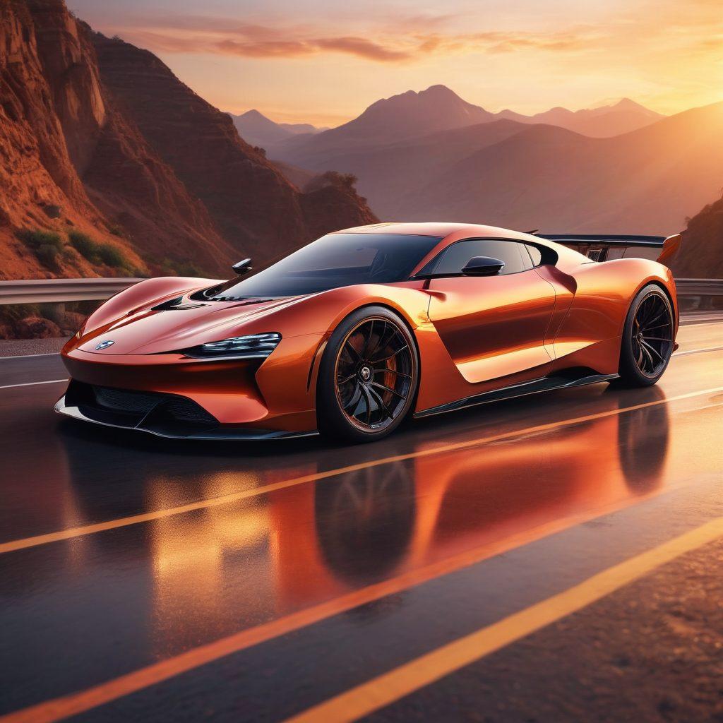 A sleek, customized car on a dynamic winding road, showcasing vibrant auto frames and unique enhancements. Surrounding the car, tools and parts symbolize the customization process, while a backdrop of a sunset highlights the vehicle's curves. The scene evokes excitement and adventure in automotive innovation, with a futuristic touch. super-realistic. vibrant colors. cinematic lighting.