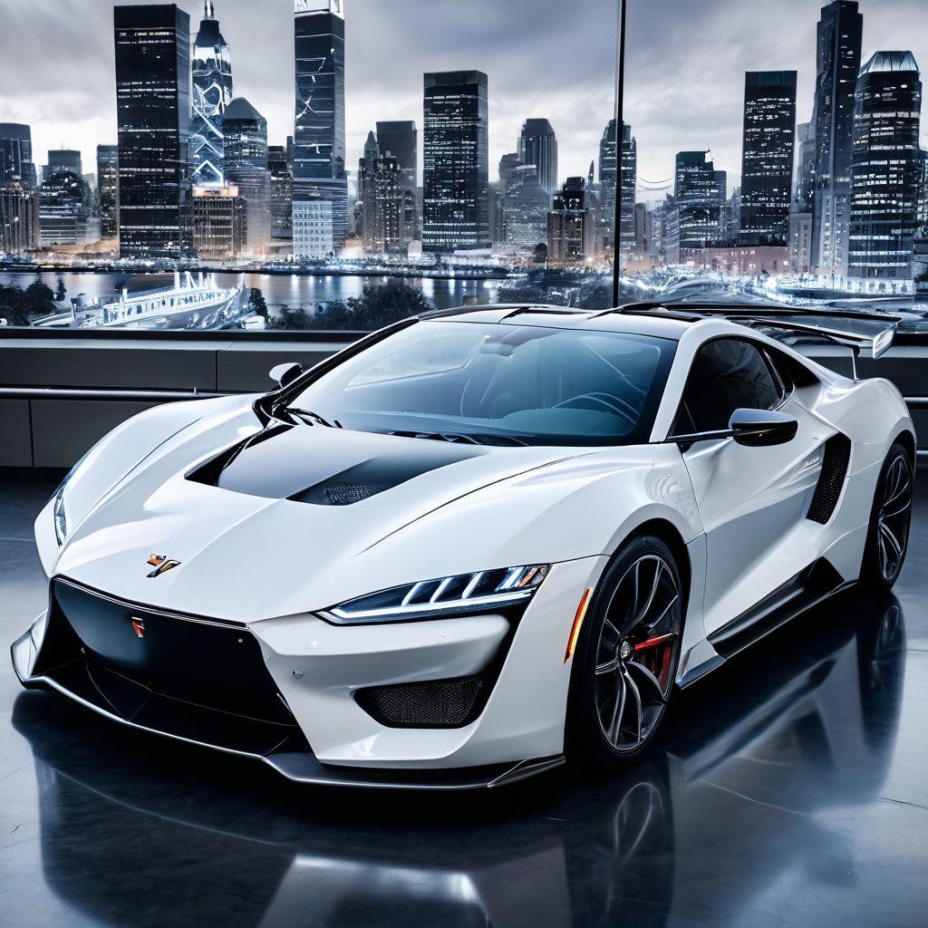 A sleek, modern car structure displayed against a high-tech background, showcasing lightweight materials like carbon fiber and aluminum. The scene features a transparent cross-section highlighting the durability and safety features within, with tools and engineering blueprints in the foreground. Include a dynamic cityscape mural in the background to suggest innovation and progress. super-realistic. vibrant colors. white background.