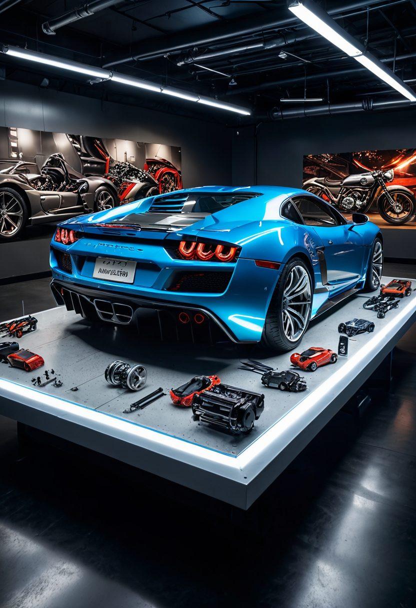An awe-inspiring auto frame enhancement workshop scene, showcasing a sleek sports car partially disassembled, surrounded by high-tech tools and intricate mechanical components. Bright LED lights illuminate the space, highlighting the dynamic curves and glossy finishes of automotive frames. A mechanic is seen skillfully applying a futuristic enhancement, with gears and technology visibly transforming the car's structure. The background features a mural of automotive evolution, blending modern and classic styles. super-realistic. vibrant colors. 3D.